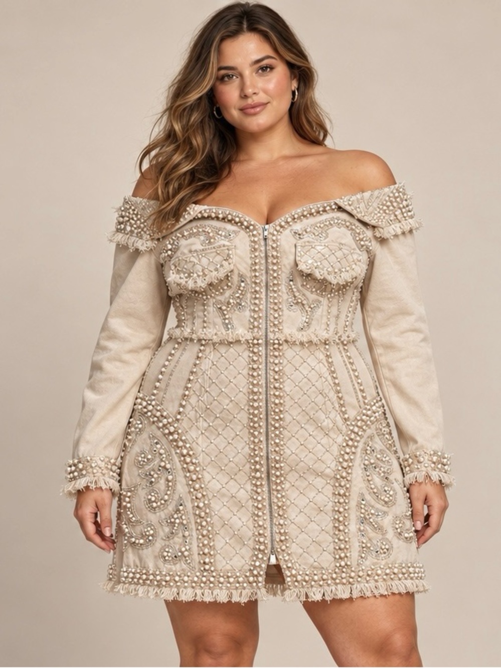 ASOS Design Curve Beige Denim Off Shoulder Pearl Beaded Fringe Dress Size 14